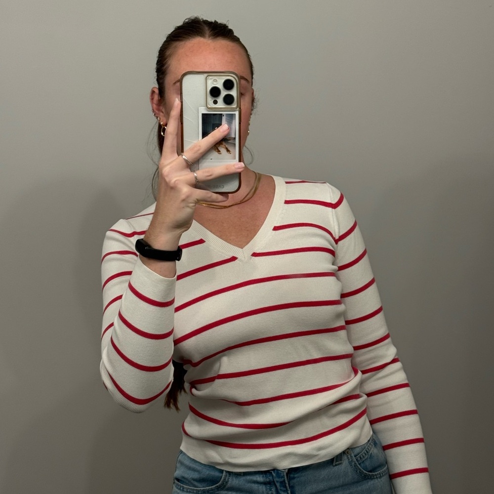 Red and White Striped V-Neck Top